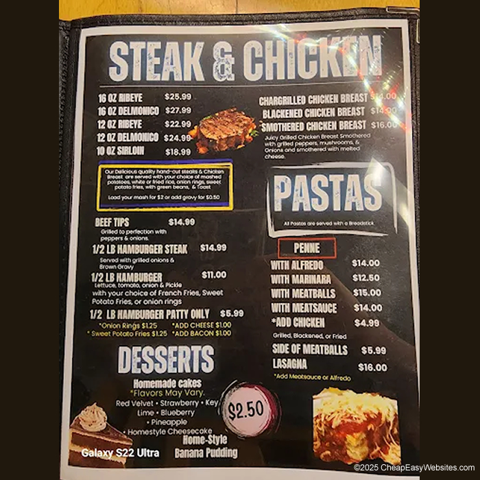 Steak & Chicken Menu
